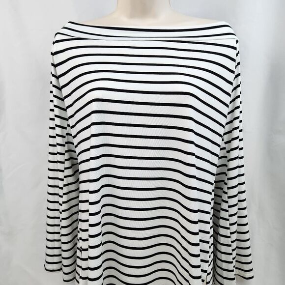 🍑Black & White Striped Off Shoulder Bell Sleeve Top XLarge - Picture 2 of 13